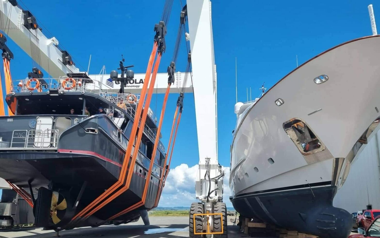 the new 560T travel lift transporting Superyachts on the hardstand at South Shipyard.