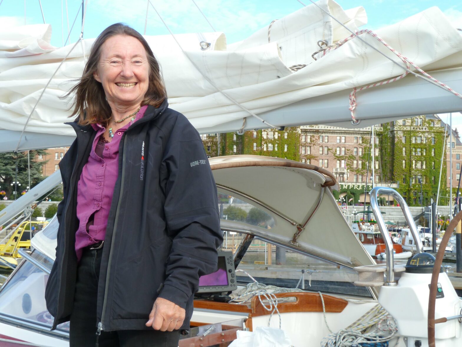 Jeanne Socrates onboard SV Nereida at Port Nikau Marina